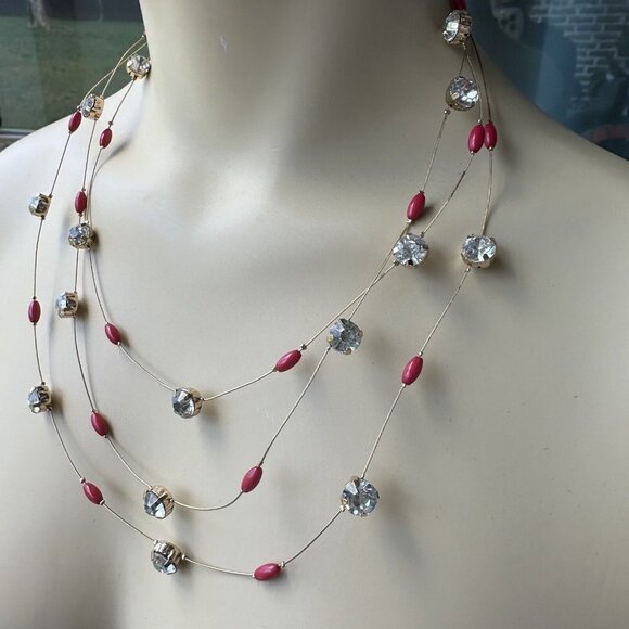 VTG Charming Charlie Necklace Wire Choker‎ Red Beads Rhinestones Gold Tone 20" - Picture 3 of 7